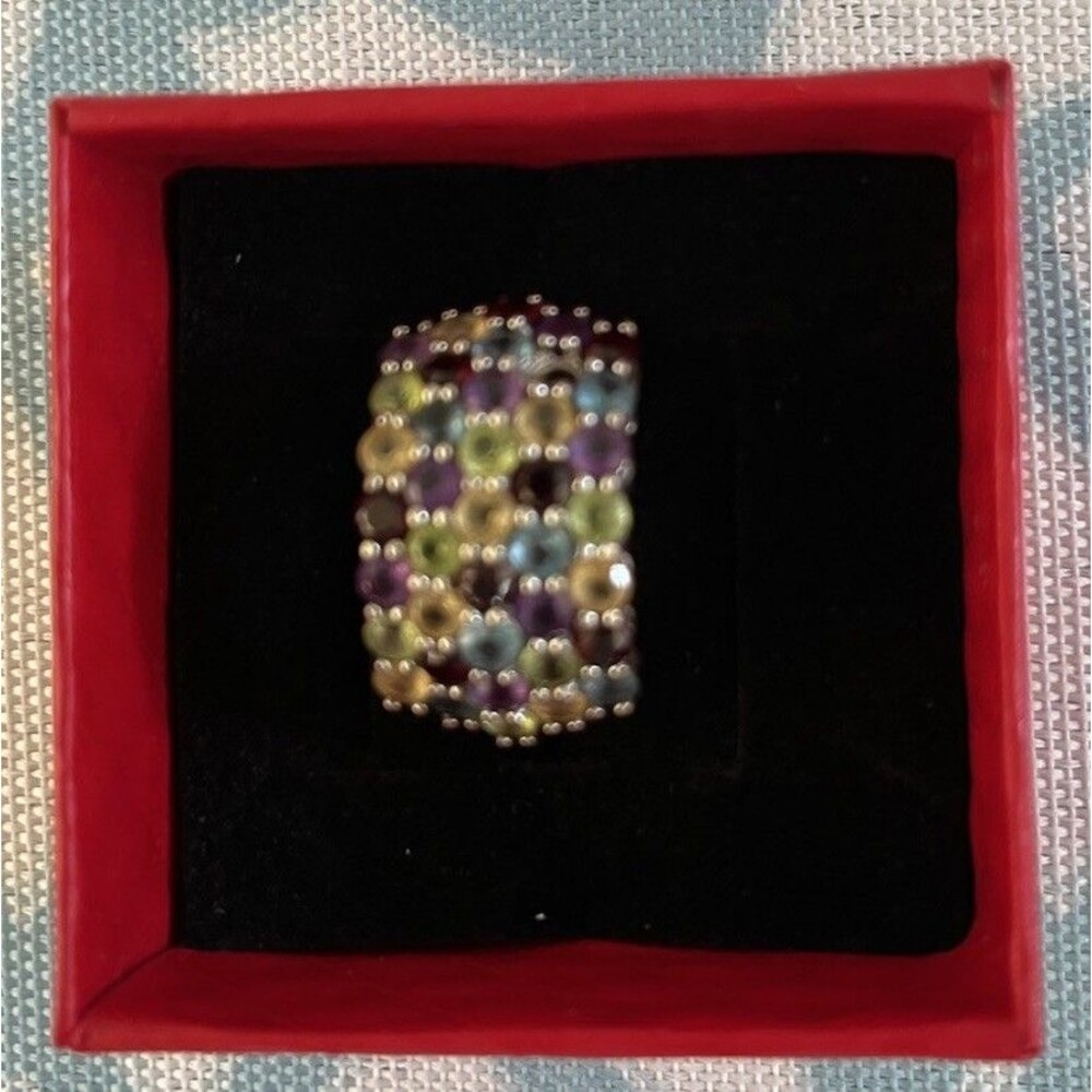 JTV 4.65CTW Round Multi-gemstones Rhodium Over Sterling Silver Cluster Band Ring